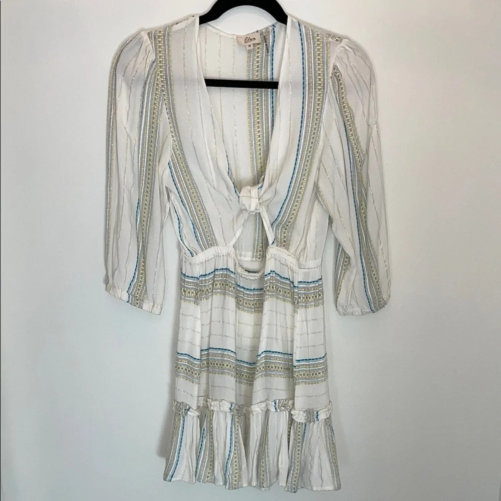 Elan White Striped Plunge V-Neck Tie-Front Puff Sleeve Dress Size Medium
